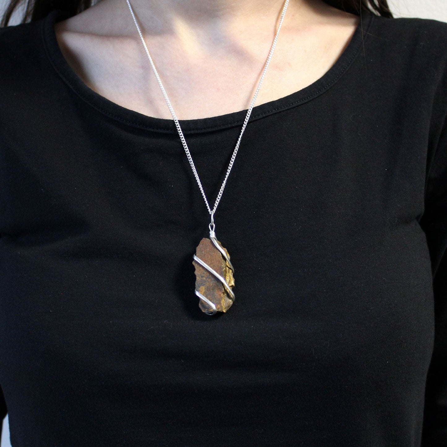 Natural Cascade Wrapped Gemstone Necklace Rough Tiger Eye featuring natural patterning and unique variations - Positive Faith Hope Love