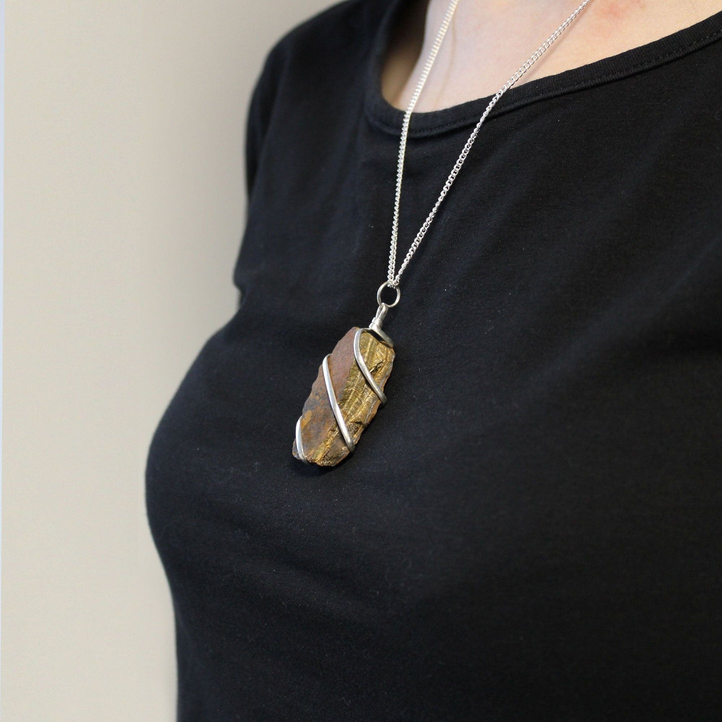 Natural Cascade Wrapped Gemstone Necklace Rough Tiger Eye featuring natural patterning and unique variations - Positive Faith Hope Love