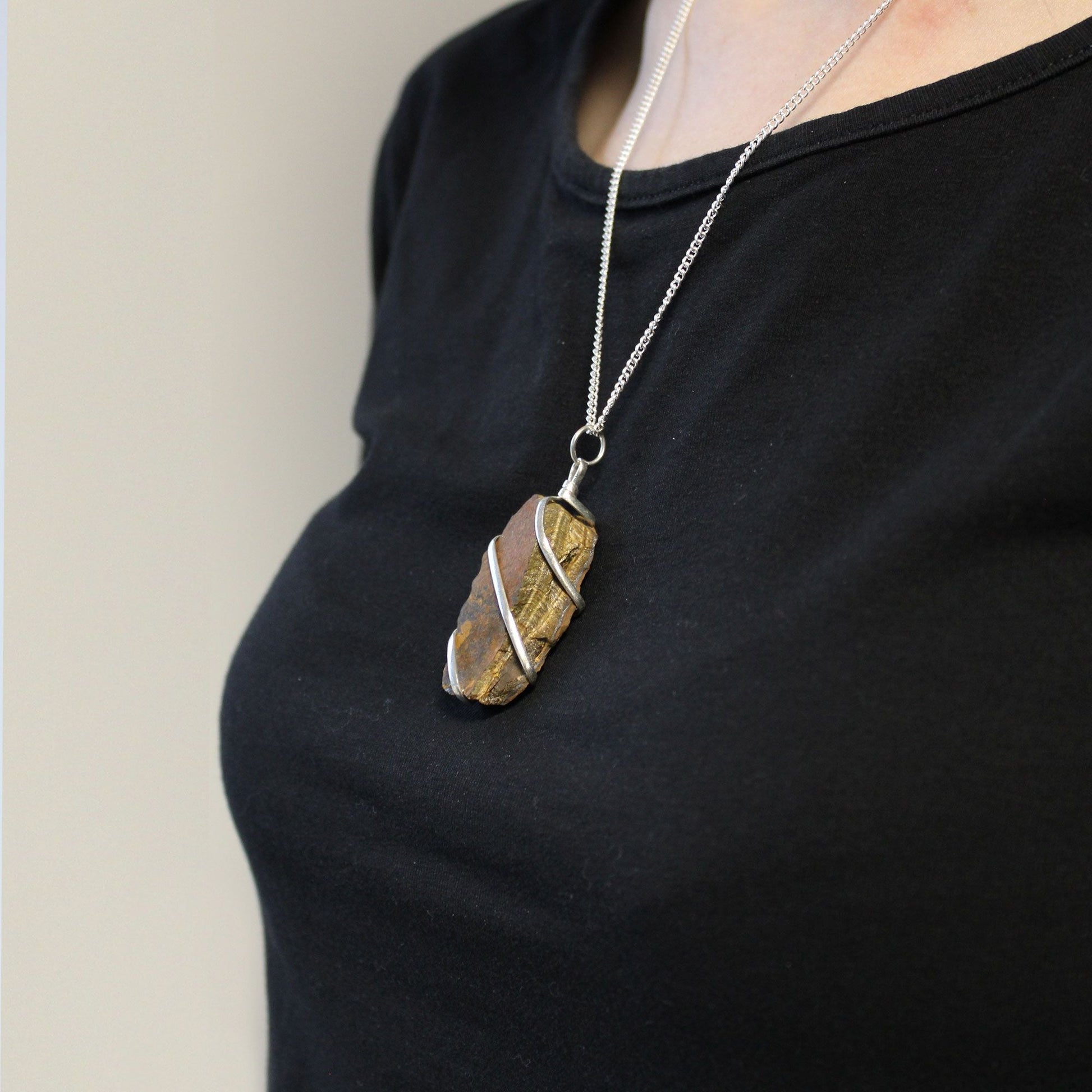 Natural Cascade Wrapped Gemstone Necklace Rough Tiger Eye featuring natural patterning and unique variations - Positive Faith Hope Love