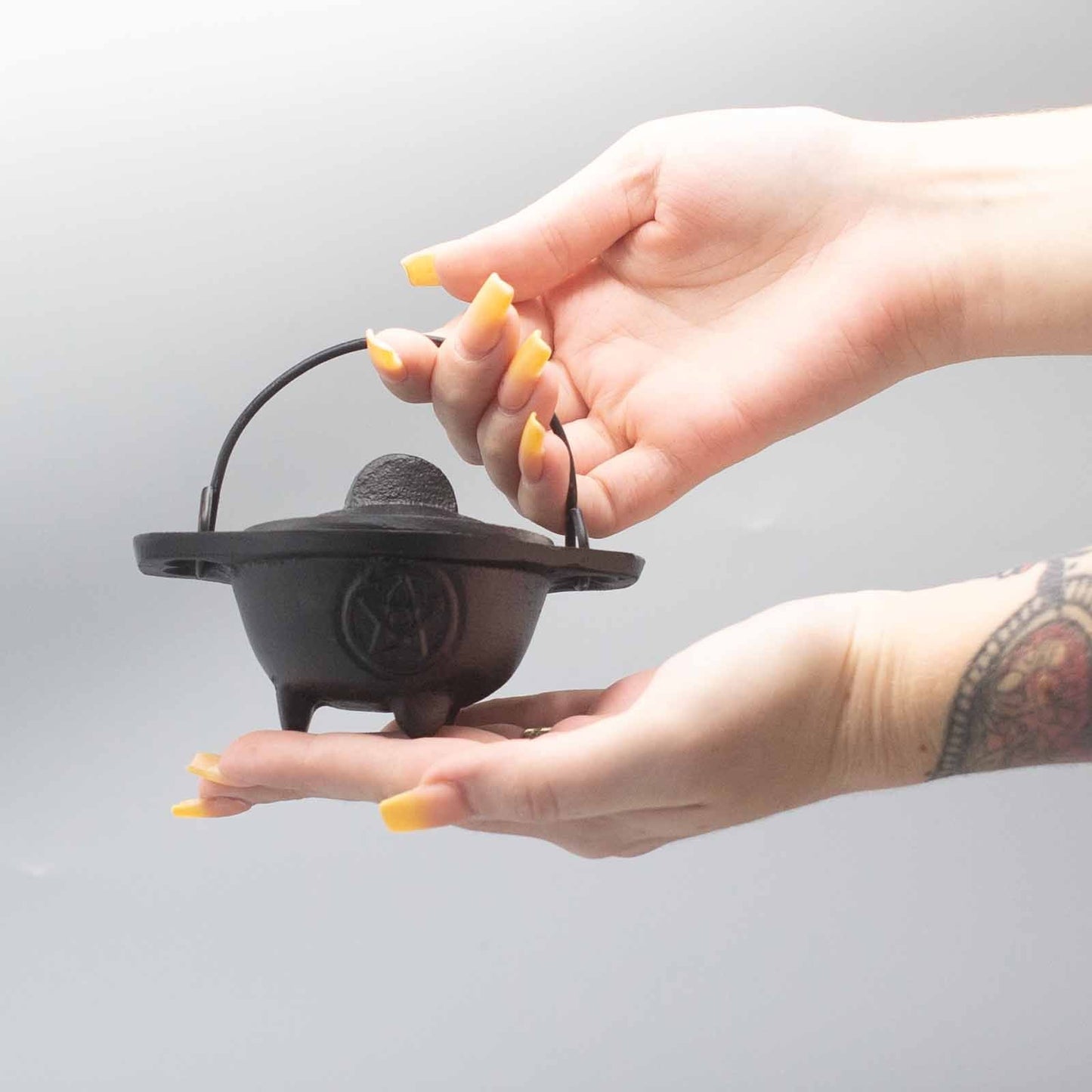 Polished Cast Iron Cauldron With Pentagon 5X9Cm featuring natural patterning and unique variations - Positive Faith Hope Love