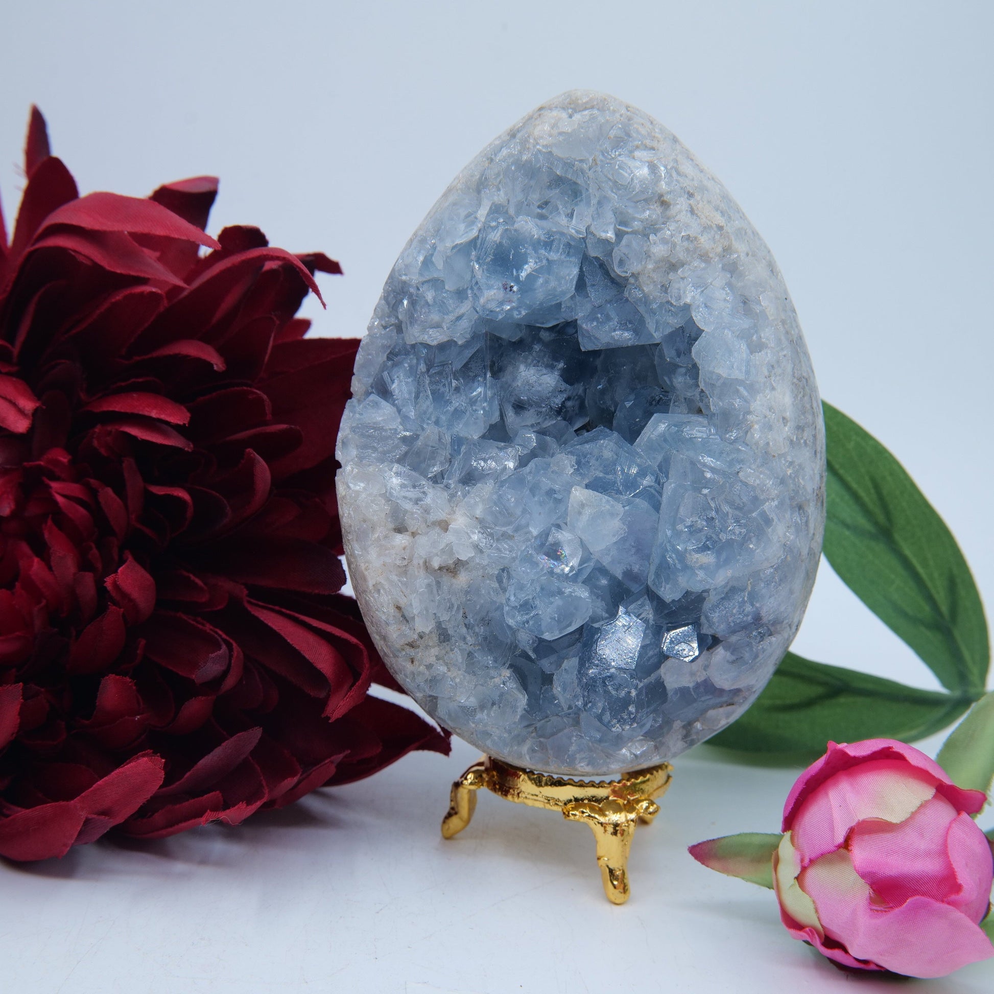 Polished Celestite Crystal Egg 1100G featuring pale sky-blue tone and soft translucence - Positive Faith Hope Love