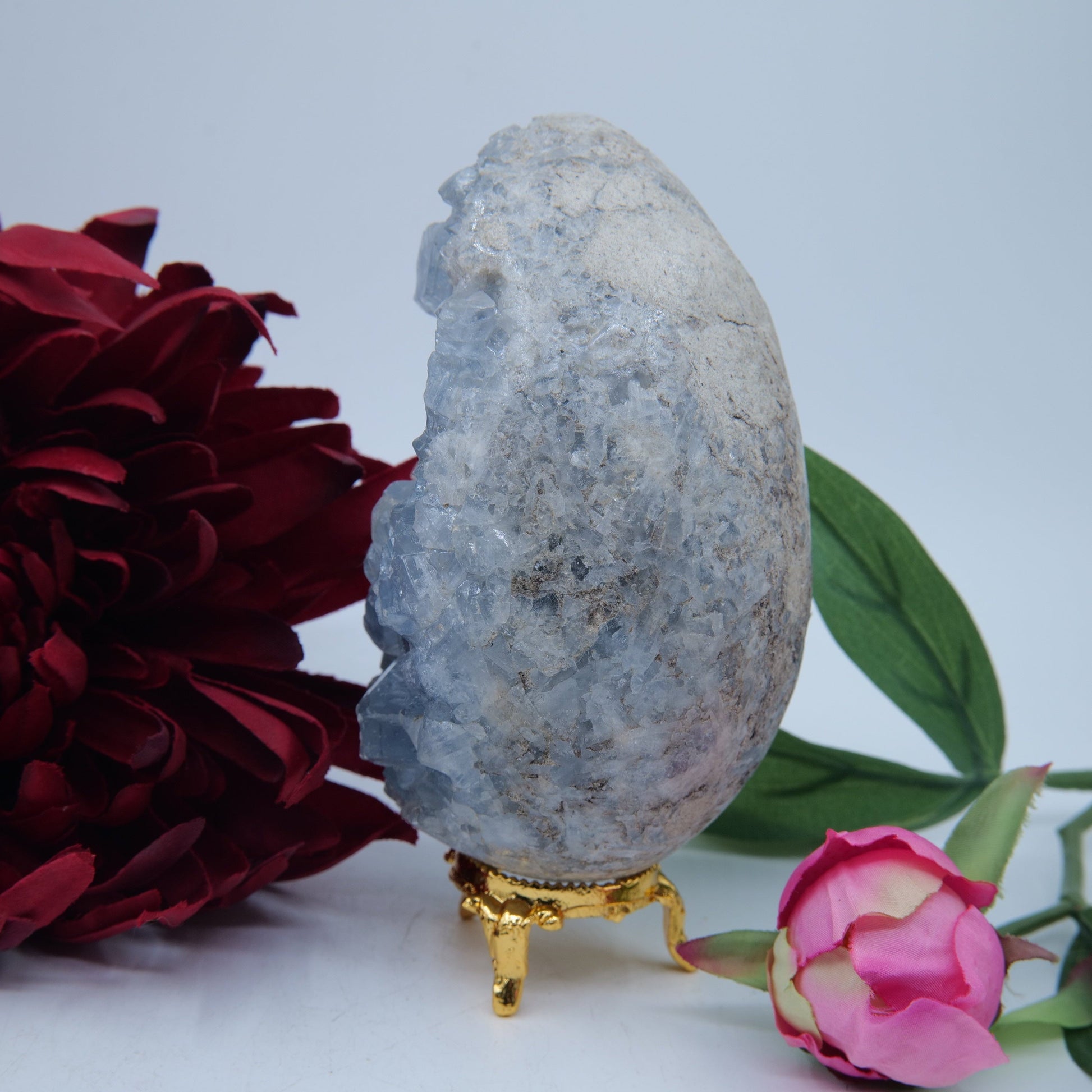 Polished Celestite Crystal Egg 1100G featuring pale sky-blue tone and soft translucence - Positive Faith Hope Love