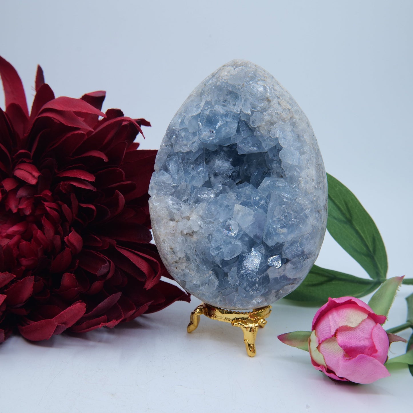 Polished Celestite Crystal Egg 1100g featuring pale sky-blue tone and soft translucence - Positive Faith Hope Love