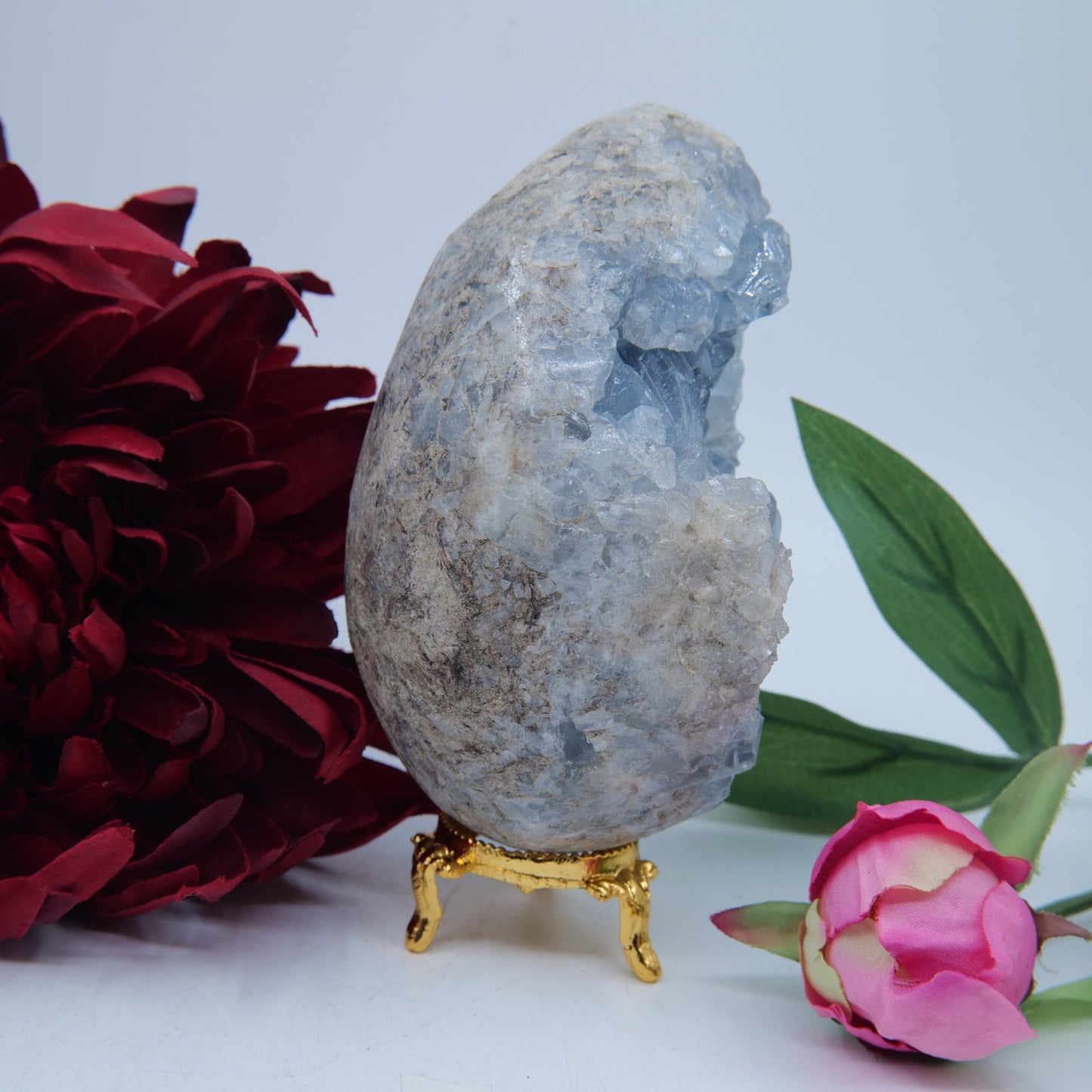 Polished Celestite Crystal Egg 1100G featuring pale sky-blue tone and soft translucence - Positive Faith Hope Love