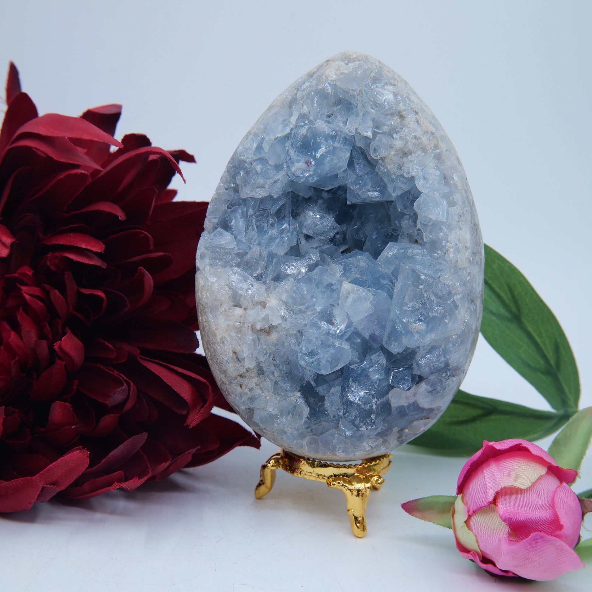 Polished Celestite Crystal Egg 1100G featuring pale sky-blue tone and soft translucence - Positive Faith Hope Love