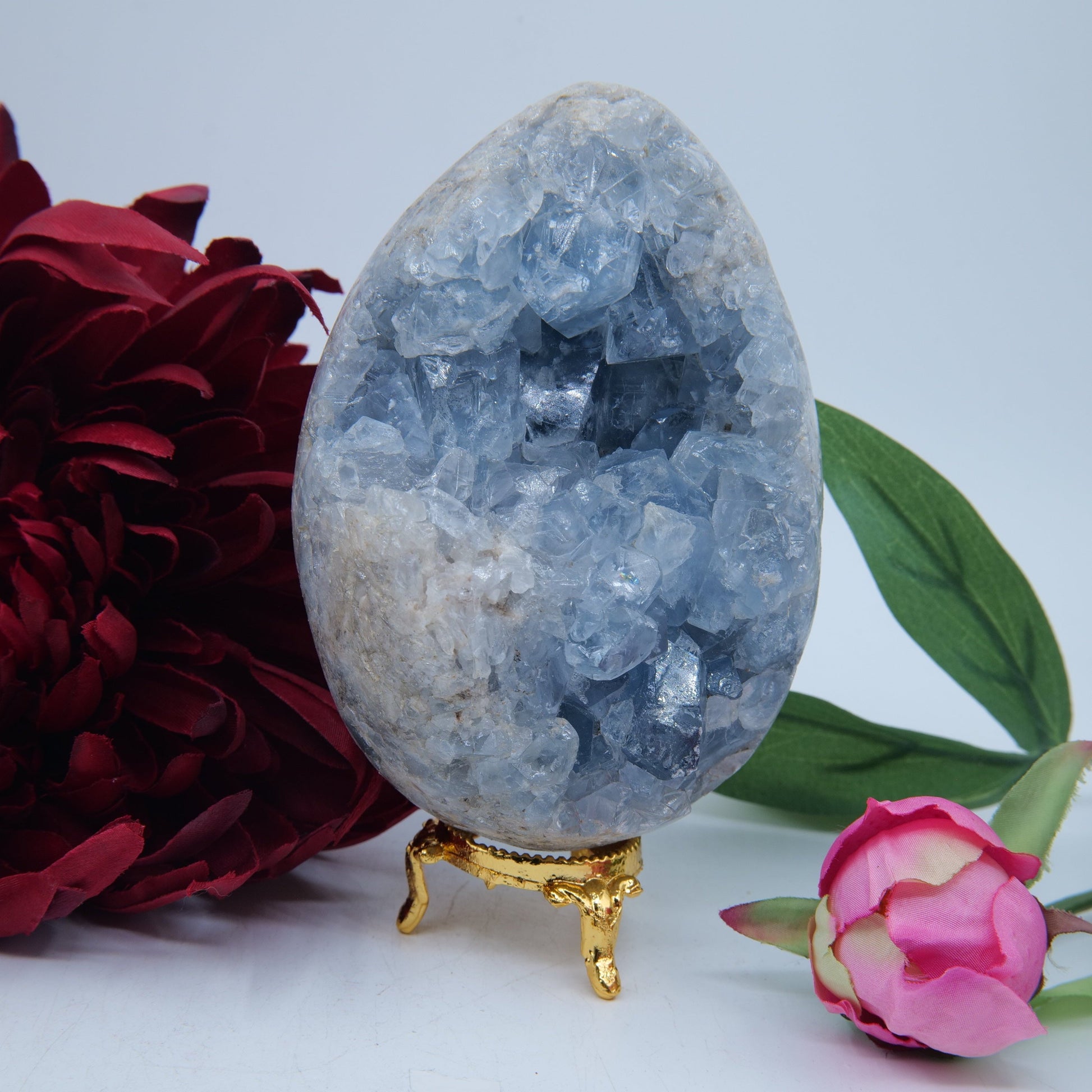 Polished Celestite Crystal Egg 1100G featuring pale sky-blue tone and soft translucence - Positive Faith Hope Love