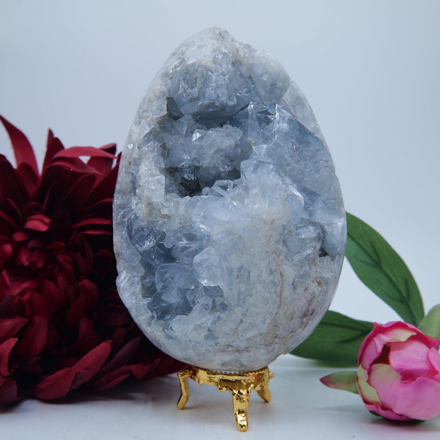 Polished Celestite Crystal Egg 1874G featuring pale sky-blue tone and soft translucence - Positive Faith Hope Love