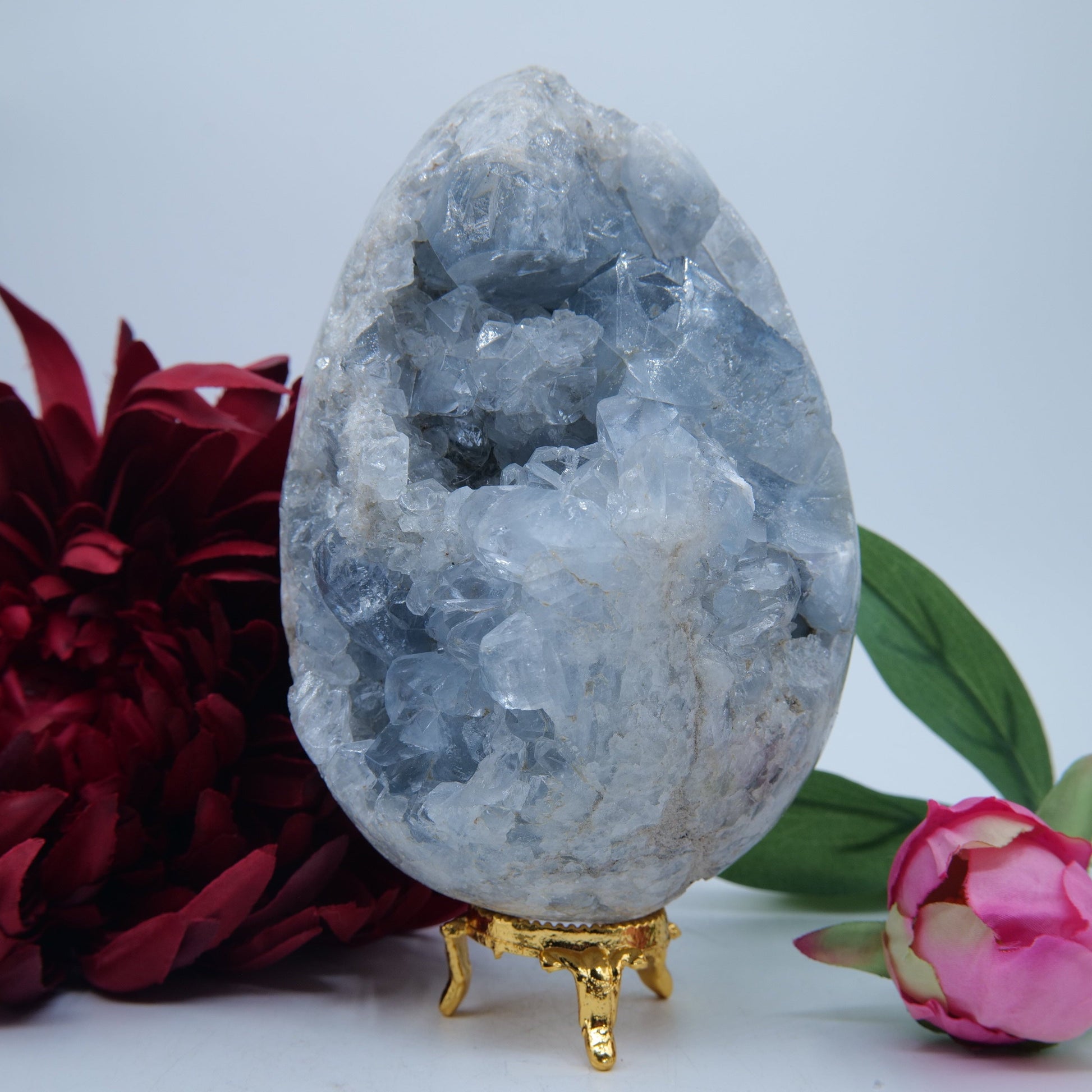 Polished Celestite Crystal Egg 1874G featuring pale sky-blue tone and soft translucence - Positive Faith Hope Love