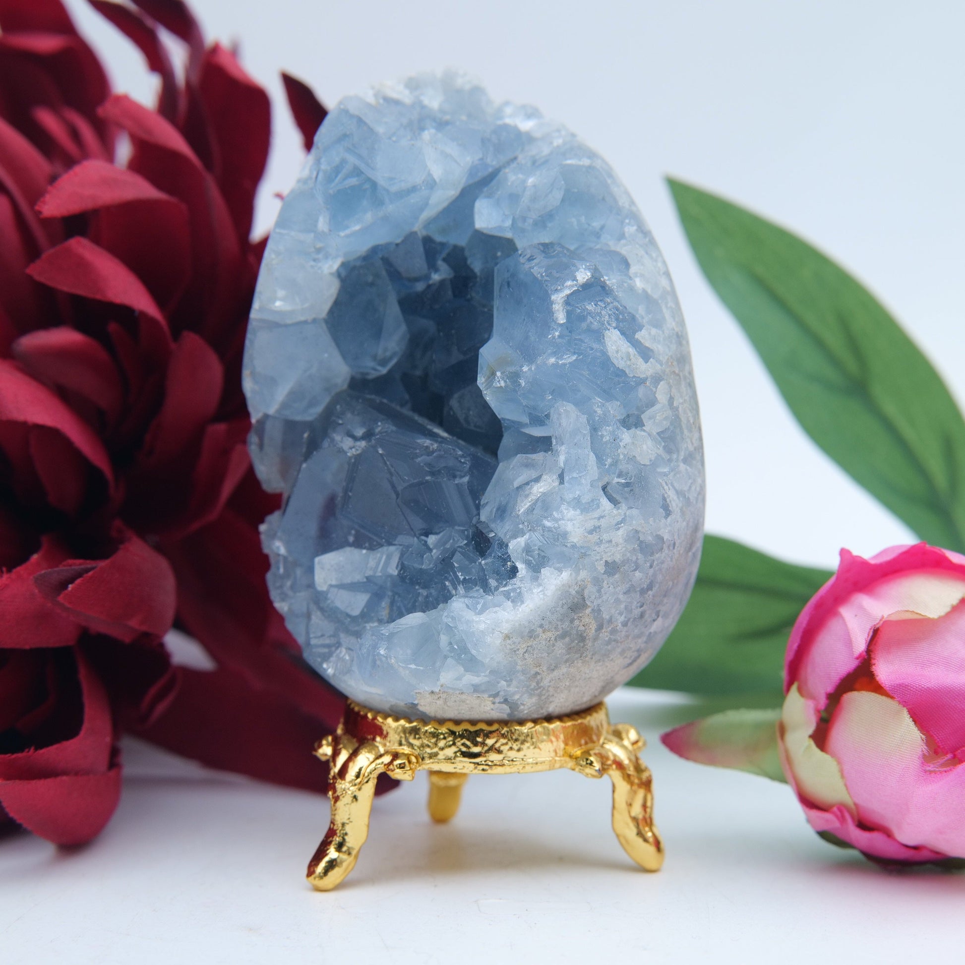 Polished Celestite Crystal Egg 368G featuring pale sky-blue tone and soft translucence - Positive Faith Hope Love