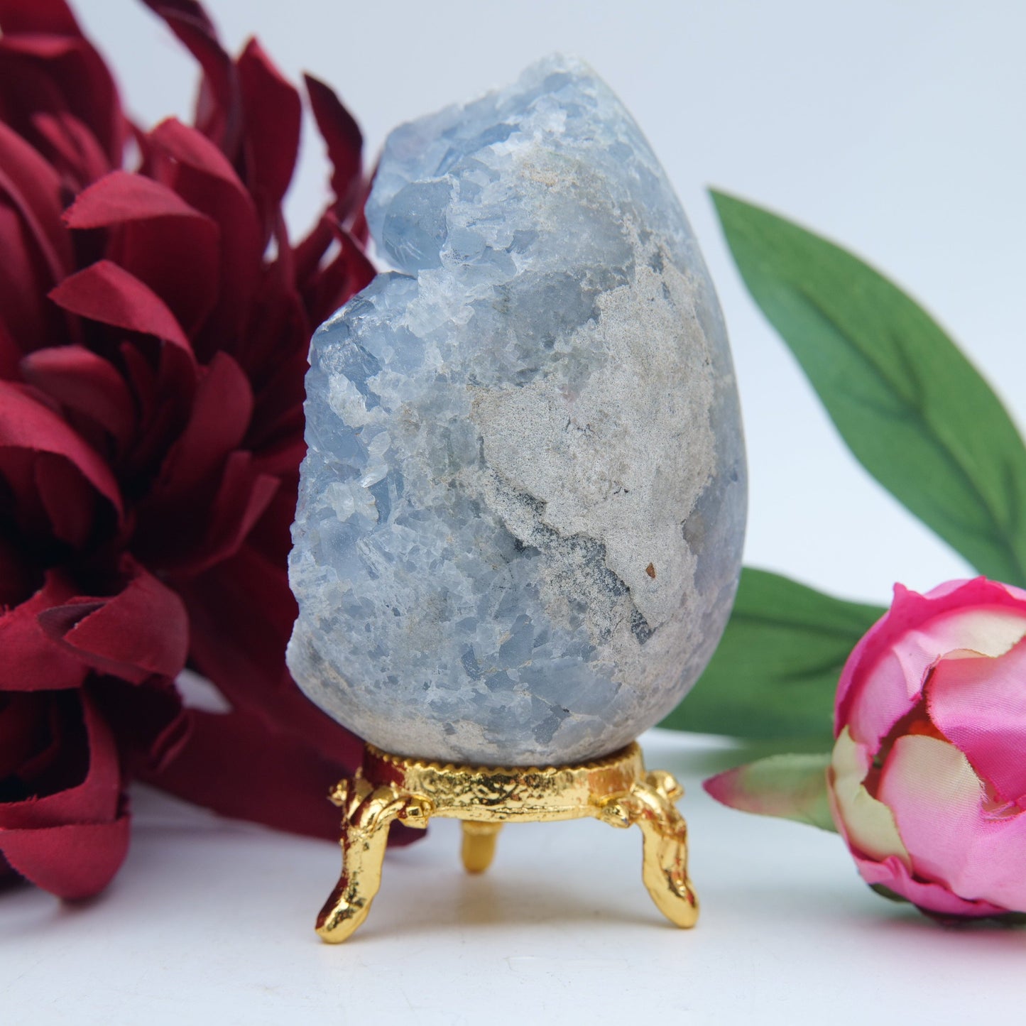Polished Celestite Crystal Egg 368G featuring pale sky-blue tone and soft translucence - Positive Faith Hope Love