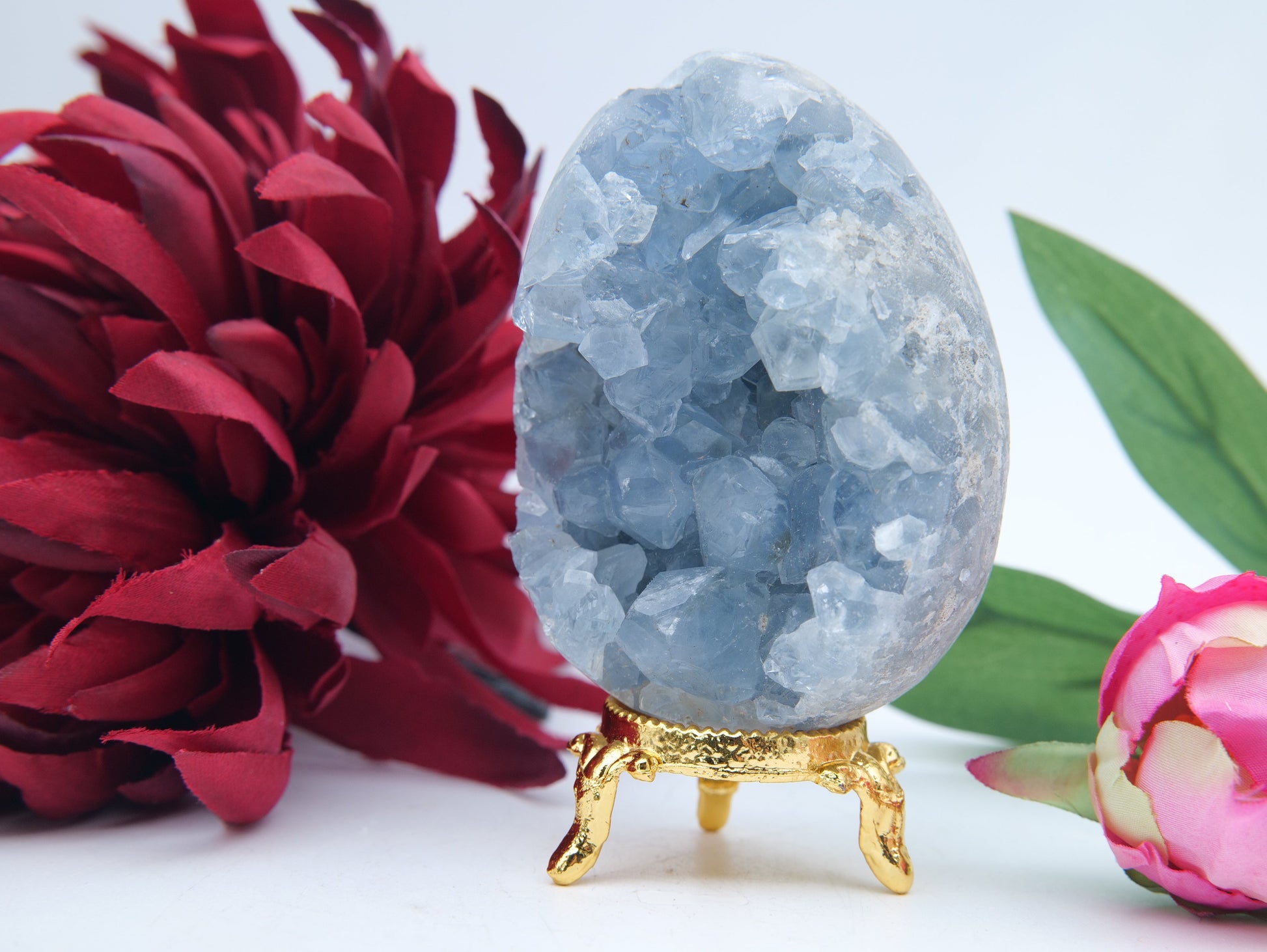 Polished Celestite Crystal Egg 454G featuring pale sky-blue tone and soft translucence - Positive Faith Hope Love