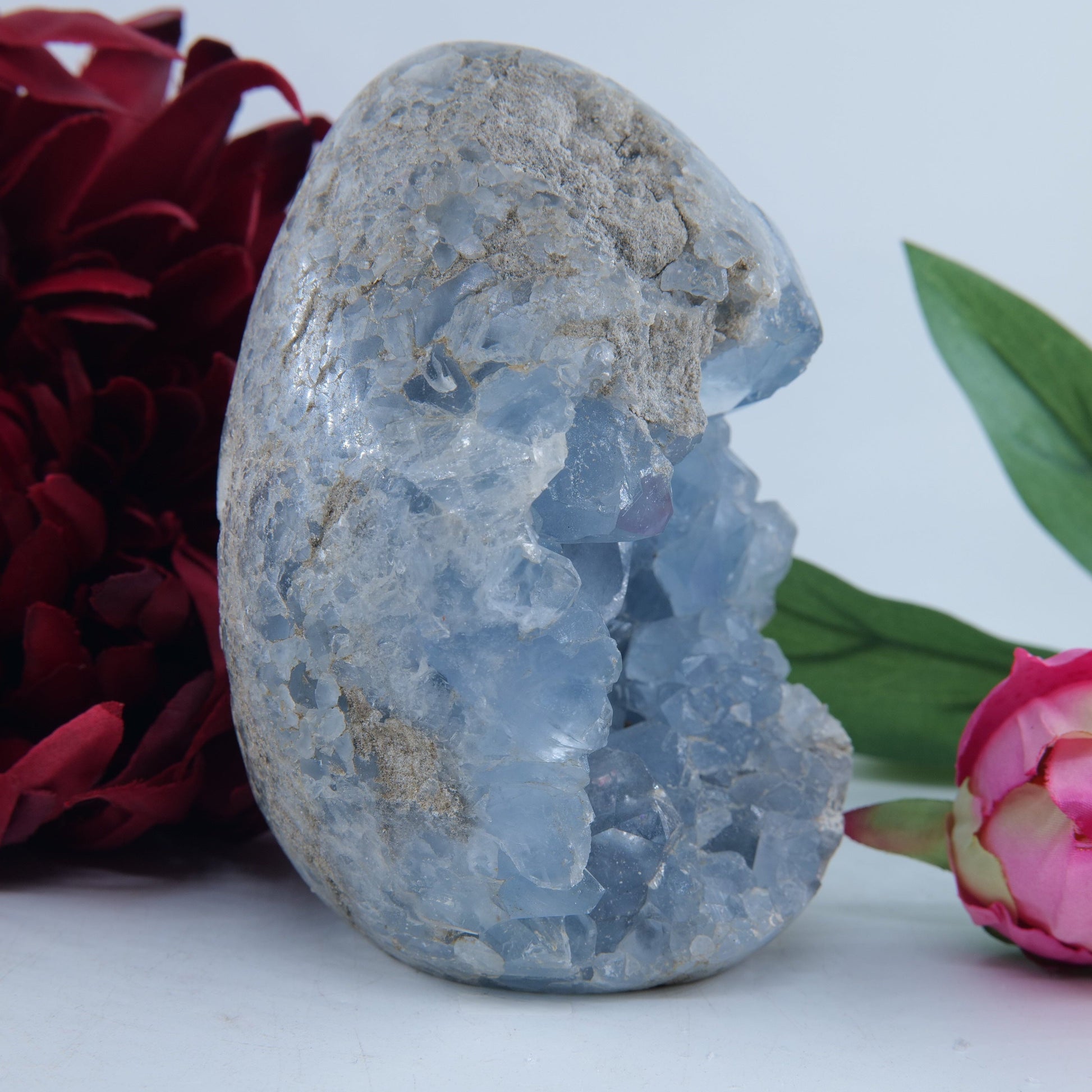 Polished Celestite Crystal Egg Free Standing 986G featuring pale sky-blue tone and soft translucence - Positive Faith Hope Love
