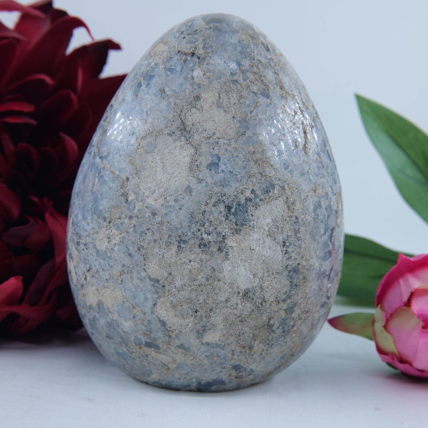 Polished Celestite Crystal Egg Free Standing 986G featuring pale sky-blue tone and soft translucence - Positive Faith Hope Love