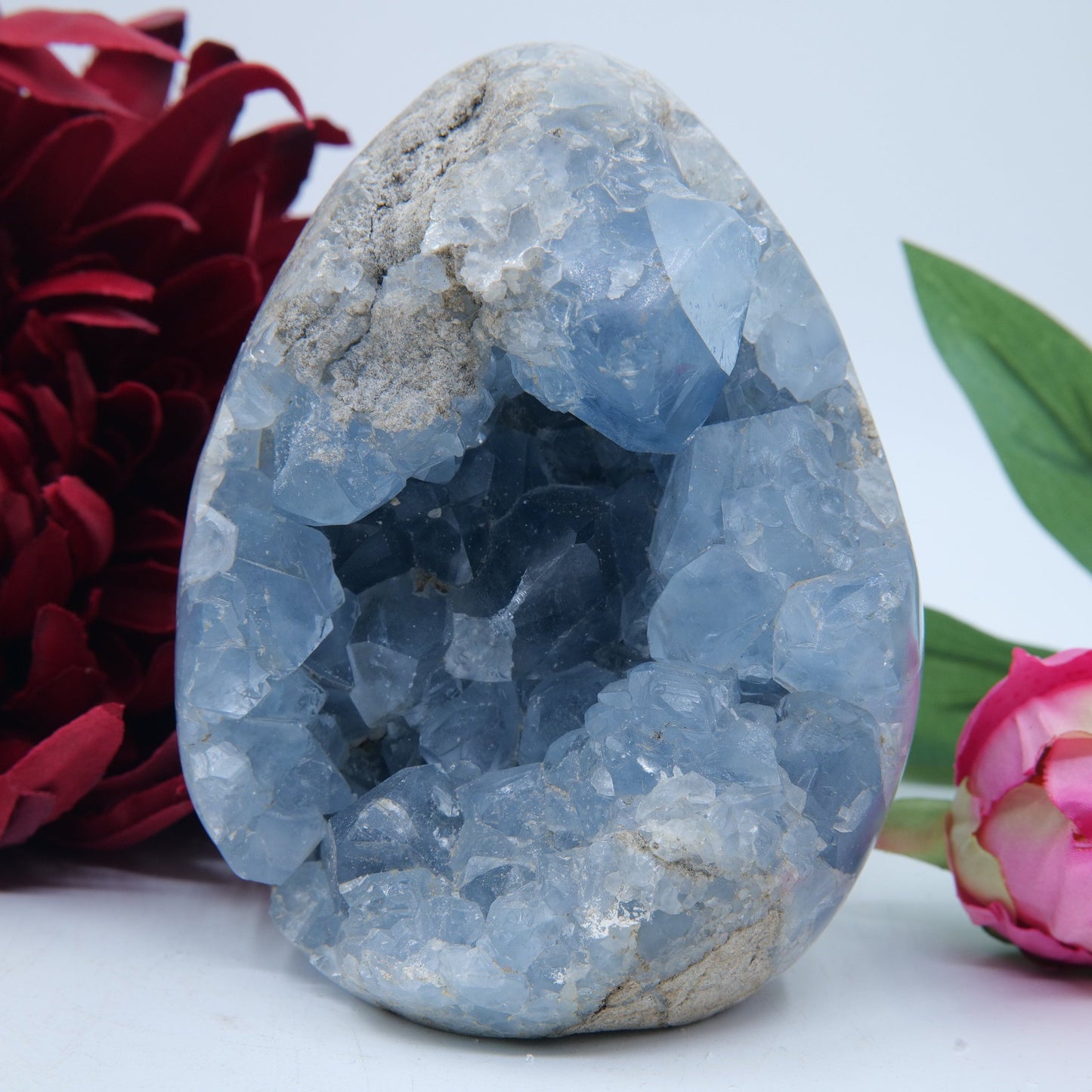 Polished Celestite Crystal Egg Free Standing 986G featuring pale sky-blue tone and soft translucence - Positive Faith Hope Love