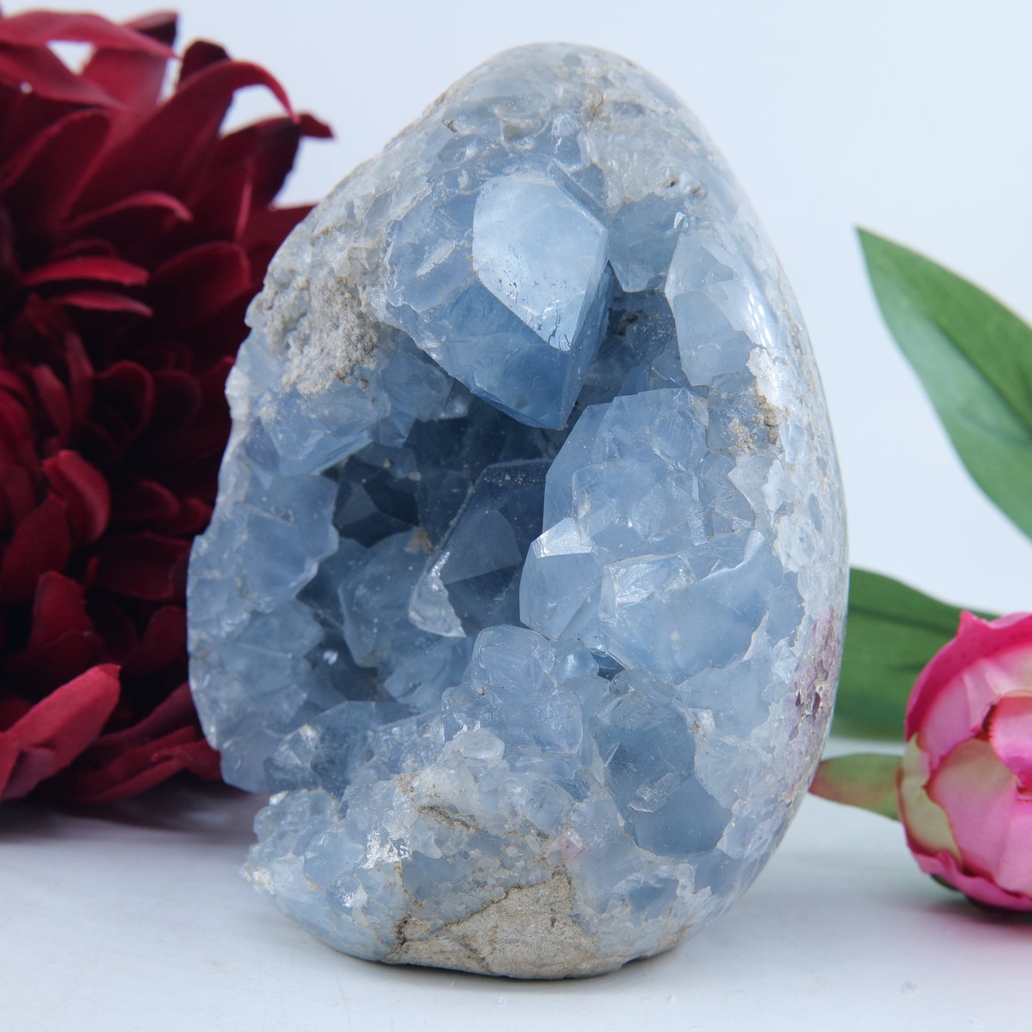 Polished Celestite Crystal Egg Free Standing 986G featuring pale sky-blue tone and soft translucence - Positive Faith Hope Love