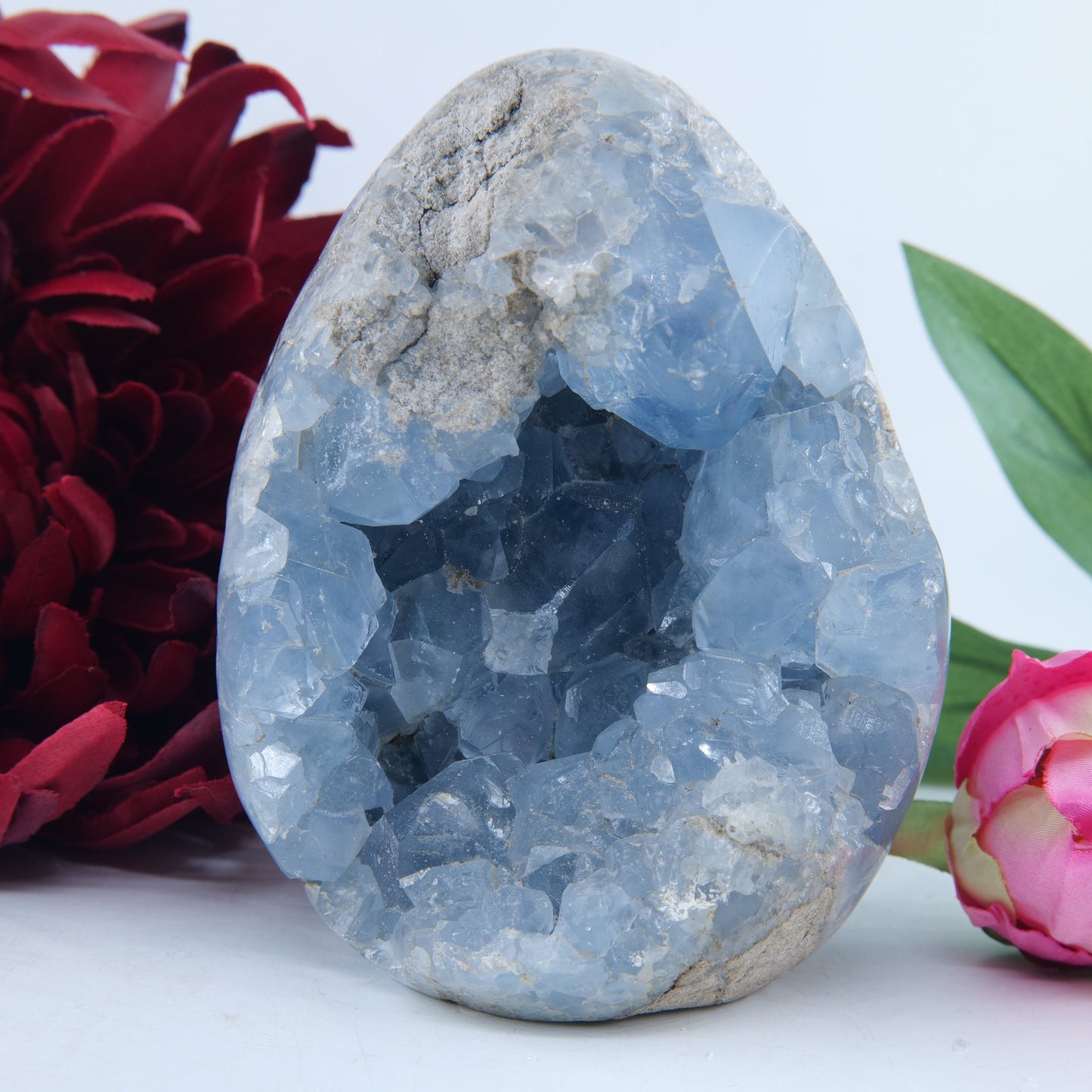 Polished Celestite Crystal Egg Free Standing 986G featuring pale sky-blue tone and soft translucence - Positive Faith Hope Love