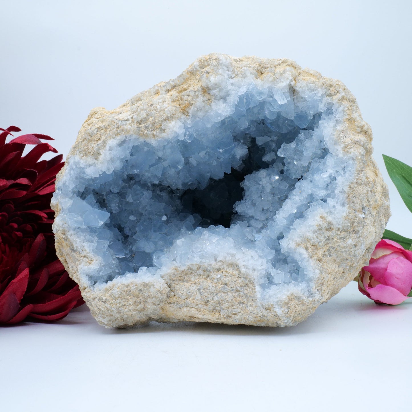 Natural Celestite Geode Cluster 3579G featuring pale sky-blue tone and soft translucence - Positive Faith Hope Love