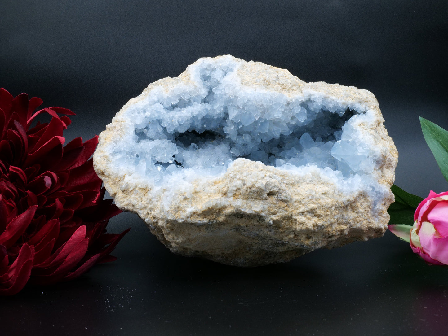 Natural Celestite Geode Cluster 3579G featuring pale sky-blue tone and soft translucence - Positive Faith Hope Love