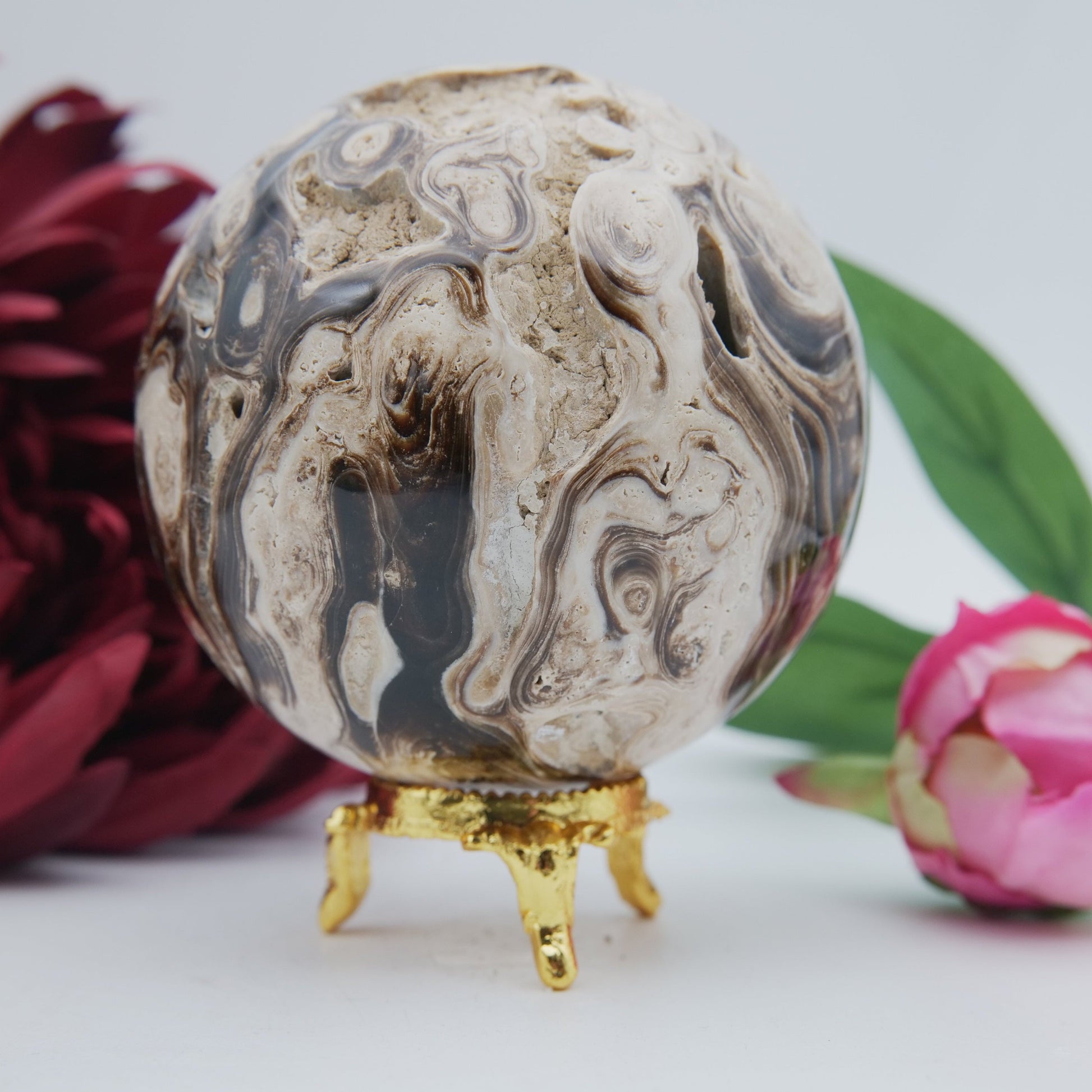 Natural Chocolate Calcite Druzy Sphere 588 Grams featuring soft translucent tone and gentle sheen - Positive Faith Hope Love