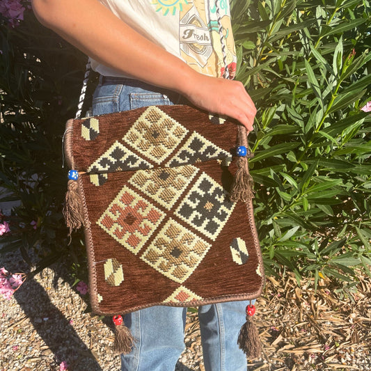 Polished Chocolate Kilim Messenger Festival Bag featuring natural patterning and unique variations - Positive Faith Hope Love