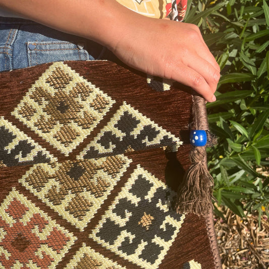 Polished Chocolate Kilim Messenger Festival Bag featuring natural patterning and unique variations - Positive Faith Hope Love