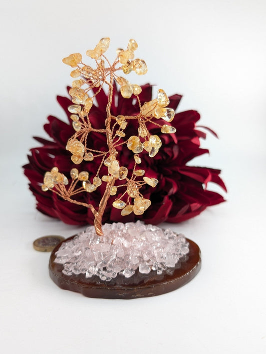 Polished Citrine Tree With Rose Quartz On Natural Agate featuring soft pink tone and gentle translucence - Positive Faith Hope Love