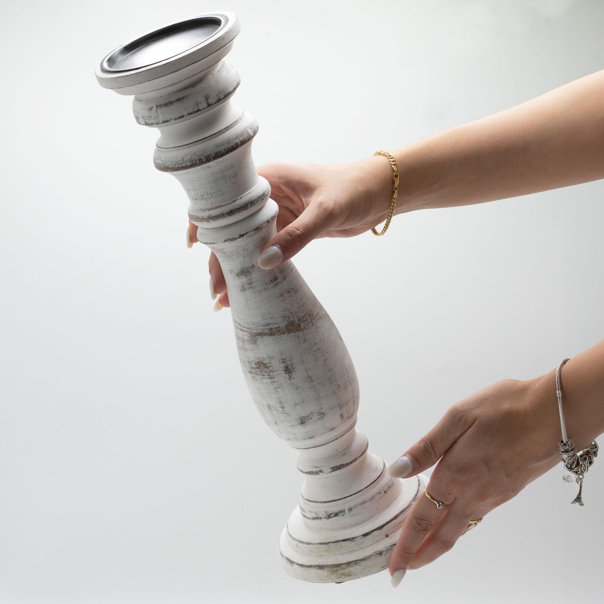 Polished Classic Candle Stand Whitewash Large featuring natural patterning and unique variations - Positive Faith Hope Love