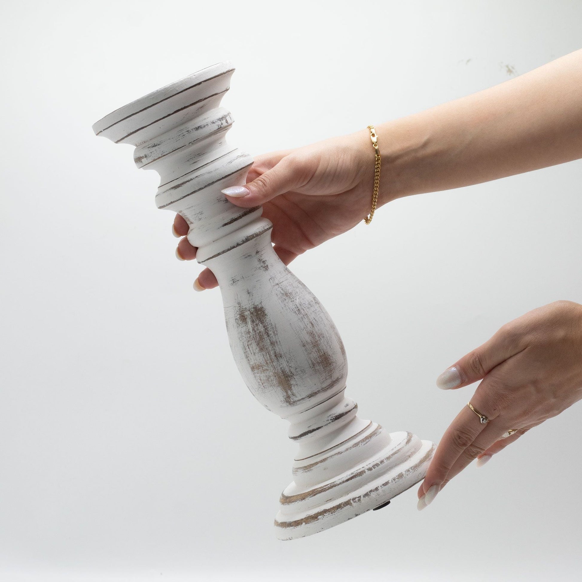 Polished Classic Candle Stand Whitewash Medium featuring natural patterning and unique variations - Positive Faith Hope Love