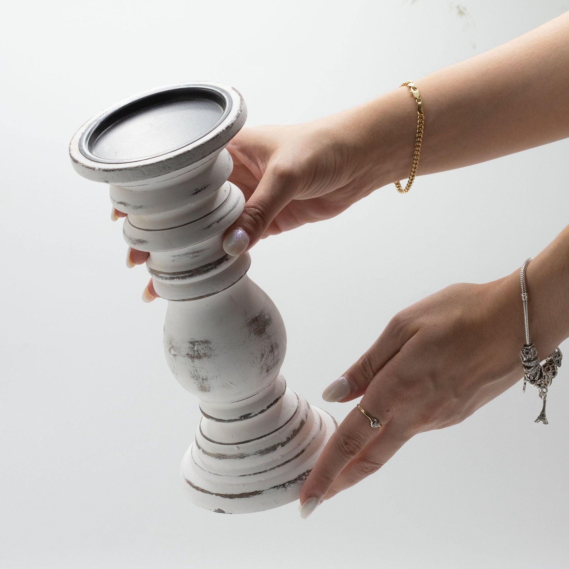 Polished Classic Candle Stand Whitewash Small featuring natural patterning and unique variations - Positive Faith Hope Love