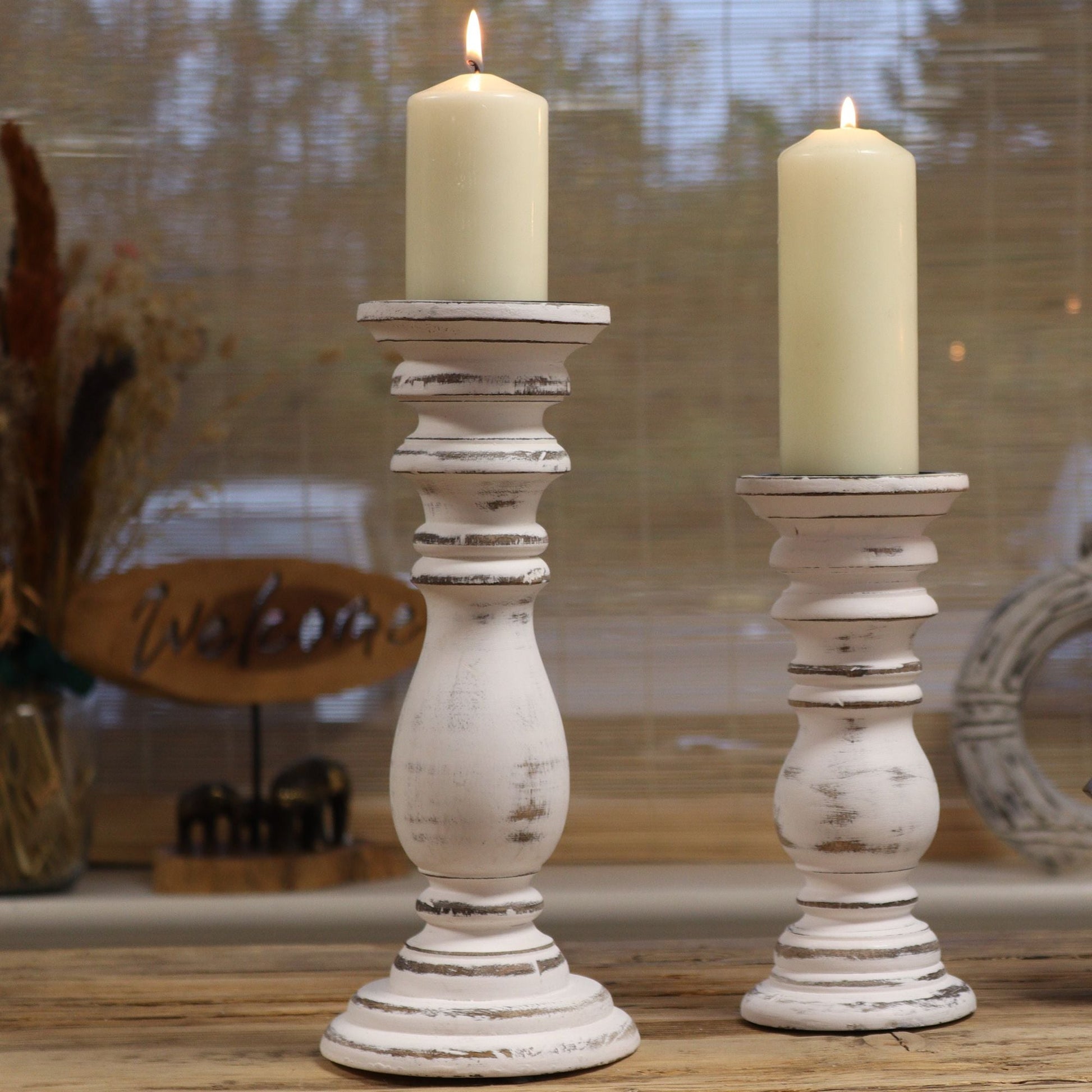 Polished Classic Candle Stand Whitewash Small featuring natural patterning and unique variations - Positive Faith Hope Love