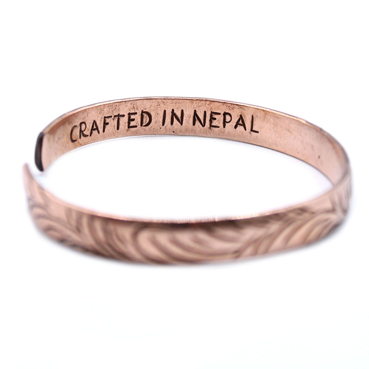 Polished Copper Tibetan Bracelet Slim Tribal Swirls featuring natural patterning and unique variations - Positive Faith Hope Love
