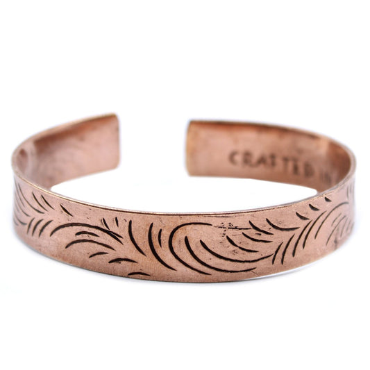 Polished Copper Tibetan Bracelet - Wide Tribal Swirls featuring natural patterning and unique variations - Positive Faith Hope Love