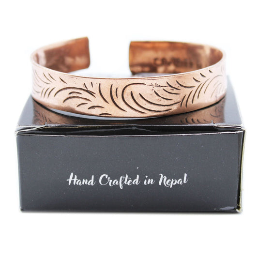 Polished Copper Tibetan Bracelet Wide Tribal Swirls featuring natural patterning and unique variations - Positive Faith Hope Love