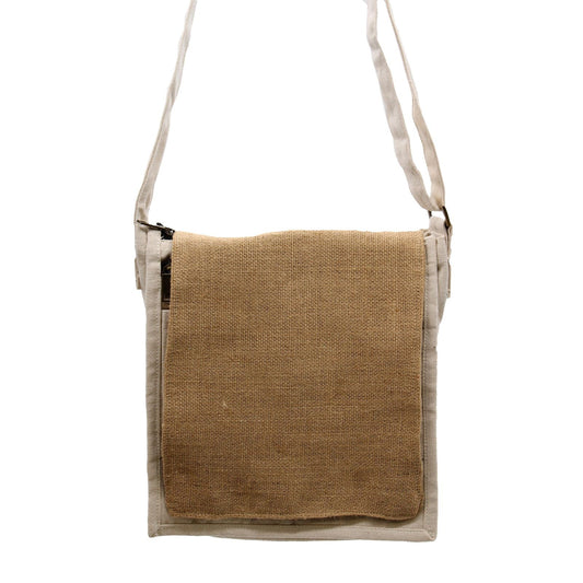 Polished Cotton Canvas Messenger Bag - Natural and Soft Jute featuring natural patterning and unique variations - Positive Faith Hope Love