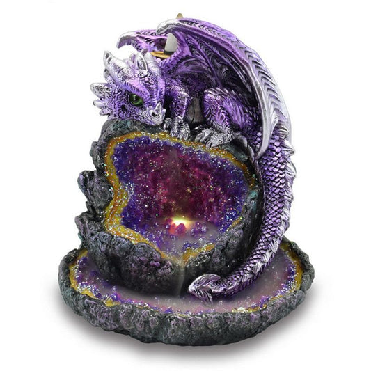 Polished Crystal Cave Purple Dragon LED Backflow Incense Burner featuring natural patterning and unique variations - Positive Faith Hope Love