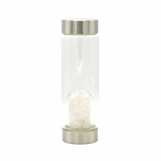 Crystal Infused Glass Water Bottle - Cleansing Clear Quartz - Chips - Positive Faith Hope Love