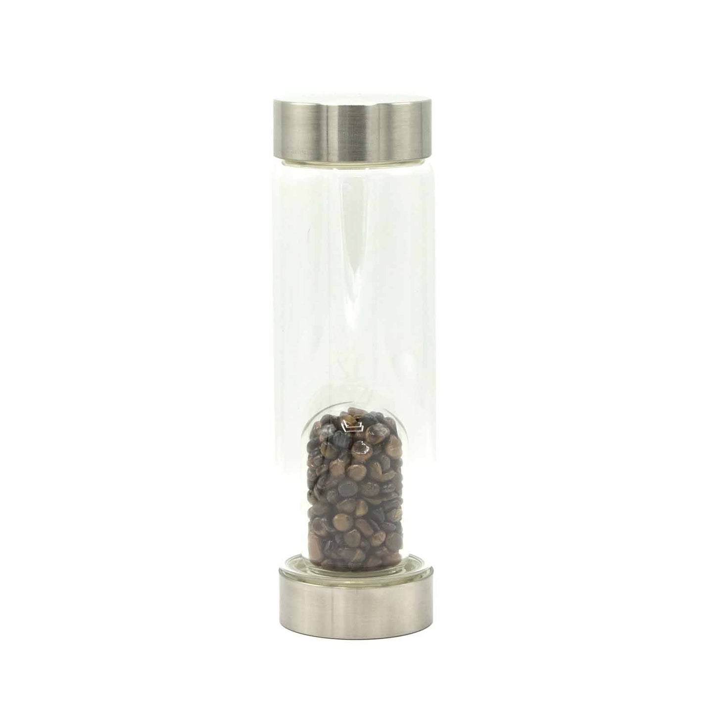 Crystal Infused Glass Water Bottle - Determined Tiger's Eye - Chips - Positive Faith Hope Love