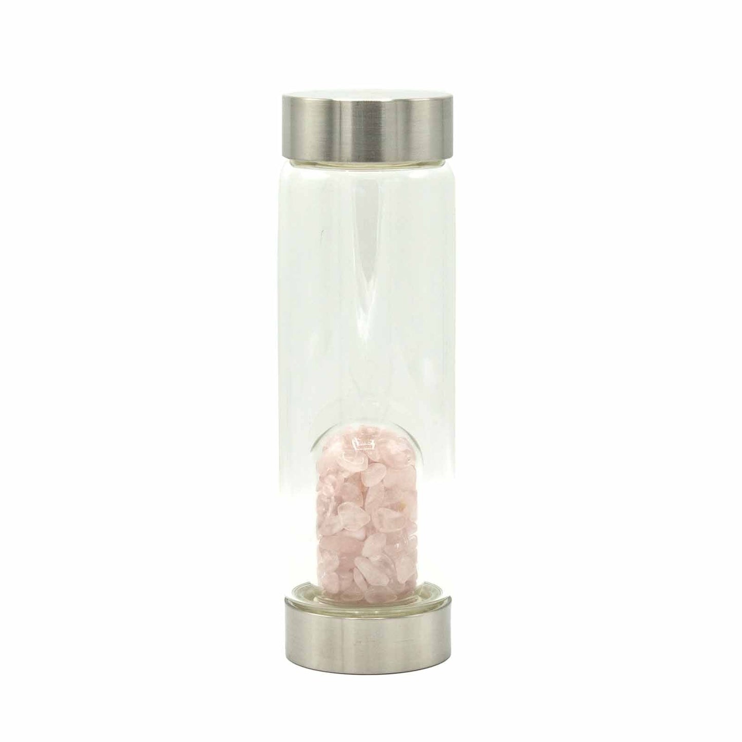 Crystal Infused Glass Water Bottle - Rejuvenating Rose Quartz - Chips - Positive Faith Hope Love