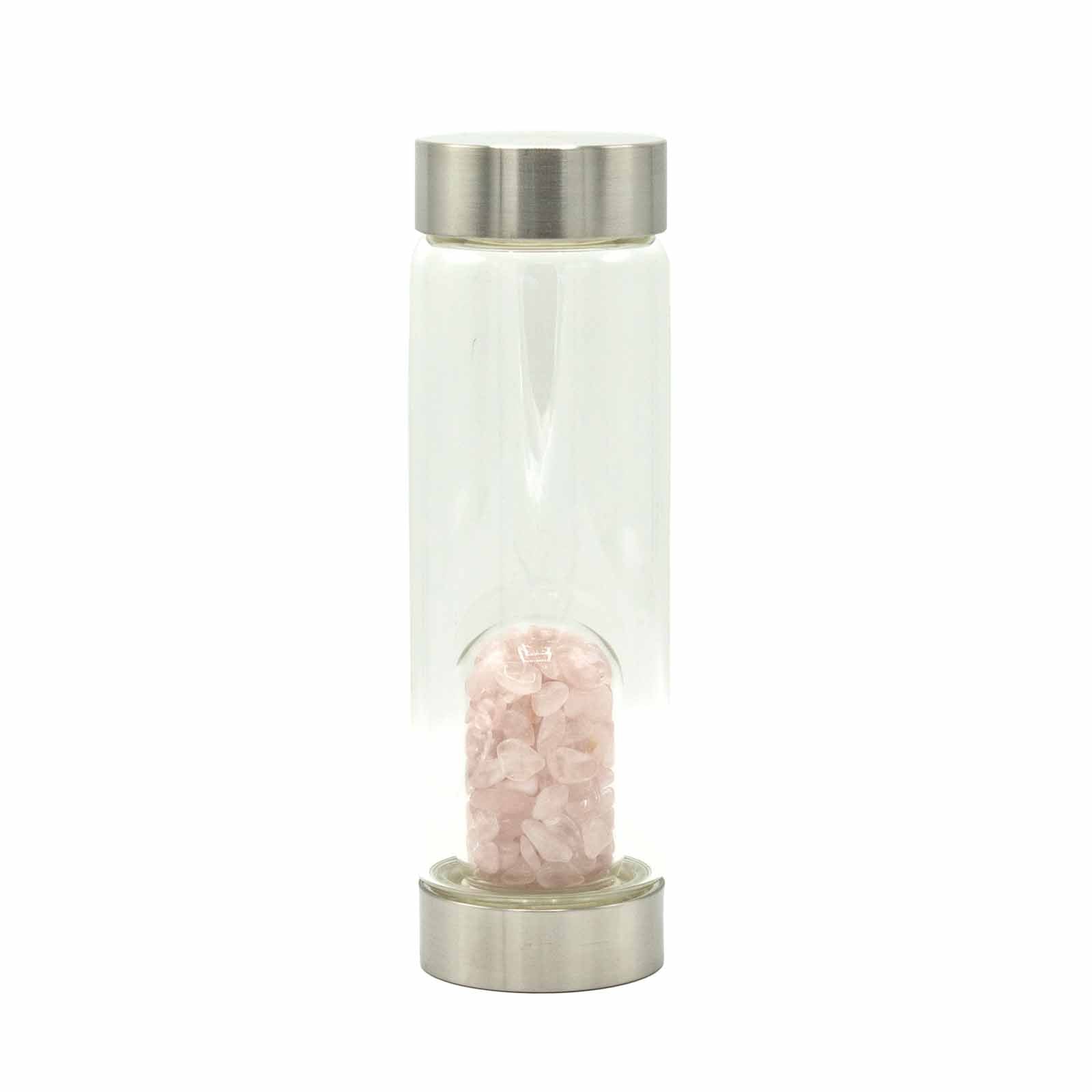 Crystal Infused Glass Water Bottle - Rejuvenating Rose Quartz - Chips - Positive Faith Hope Love