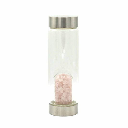 Crystal Infused Glass Water Bottle - Rejuvenating Rose Quartz - Chips - Positive Faith Hope Love