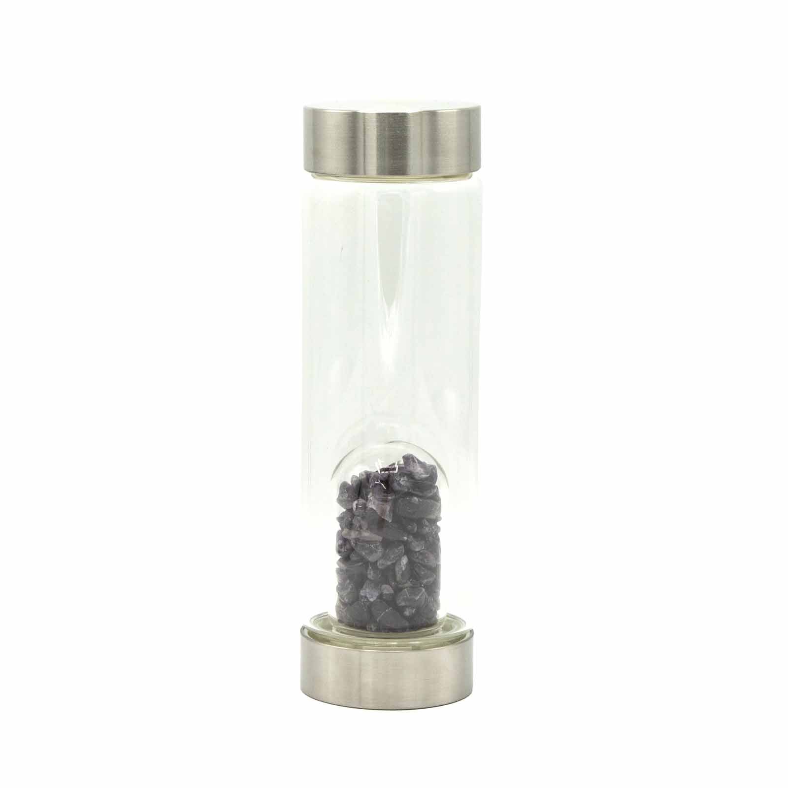 Crystal Infused Glass Water Bottle - Relaxing Amethyst - Chips - Positive Faith Hope Love