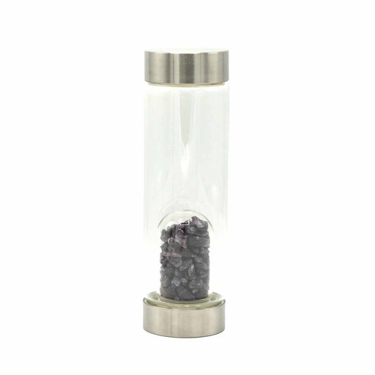 Crystal Infused Glass Water Bottle - Relaxing Amethyst - Chips - Positive Faith Hope Love