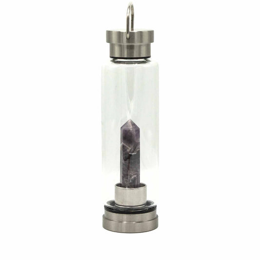 Polished Crystal Infused Glass Water Bottle - Relaxing Amethyst - Obelisk featuring rich purple colour and natural clarity - Positive Faith Hope Love