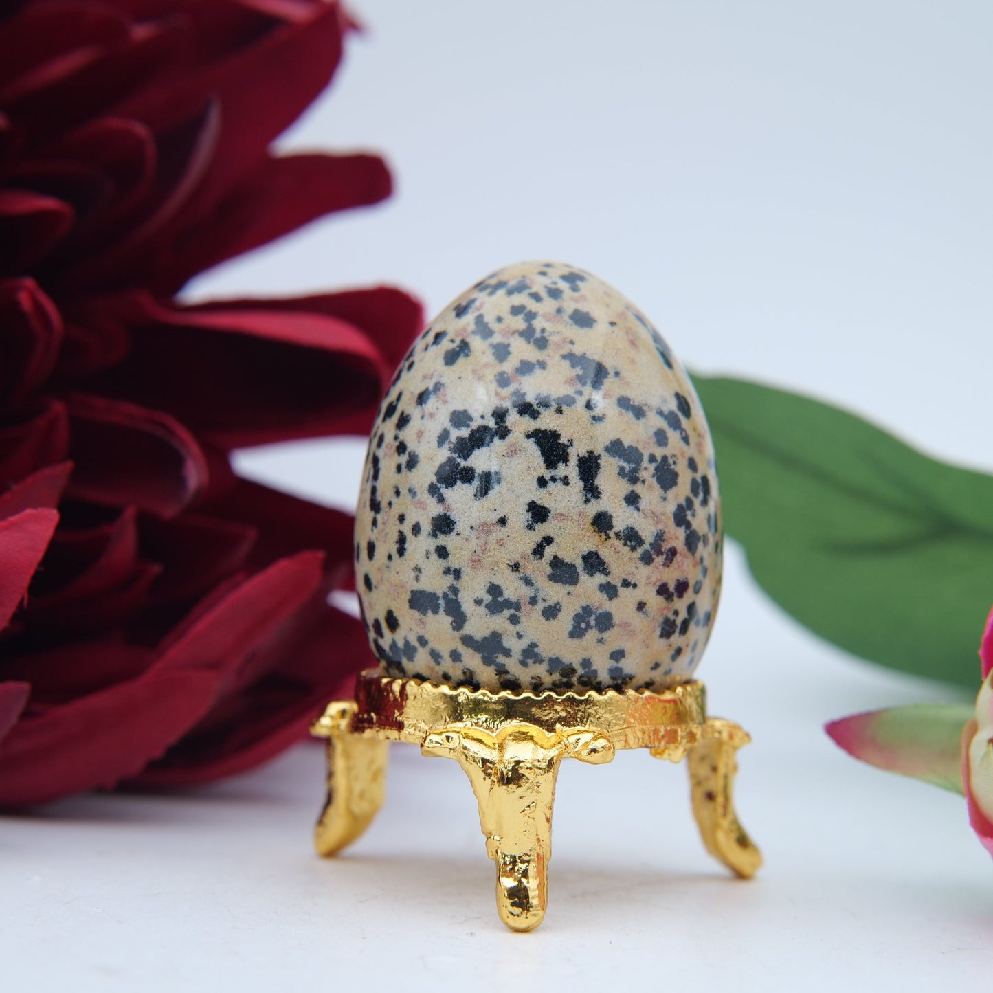 Polished Dalmatian Jasper Crystal Egg featuring cream base with black spots - Positive Faith Hope Love