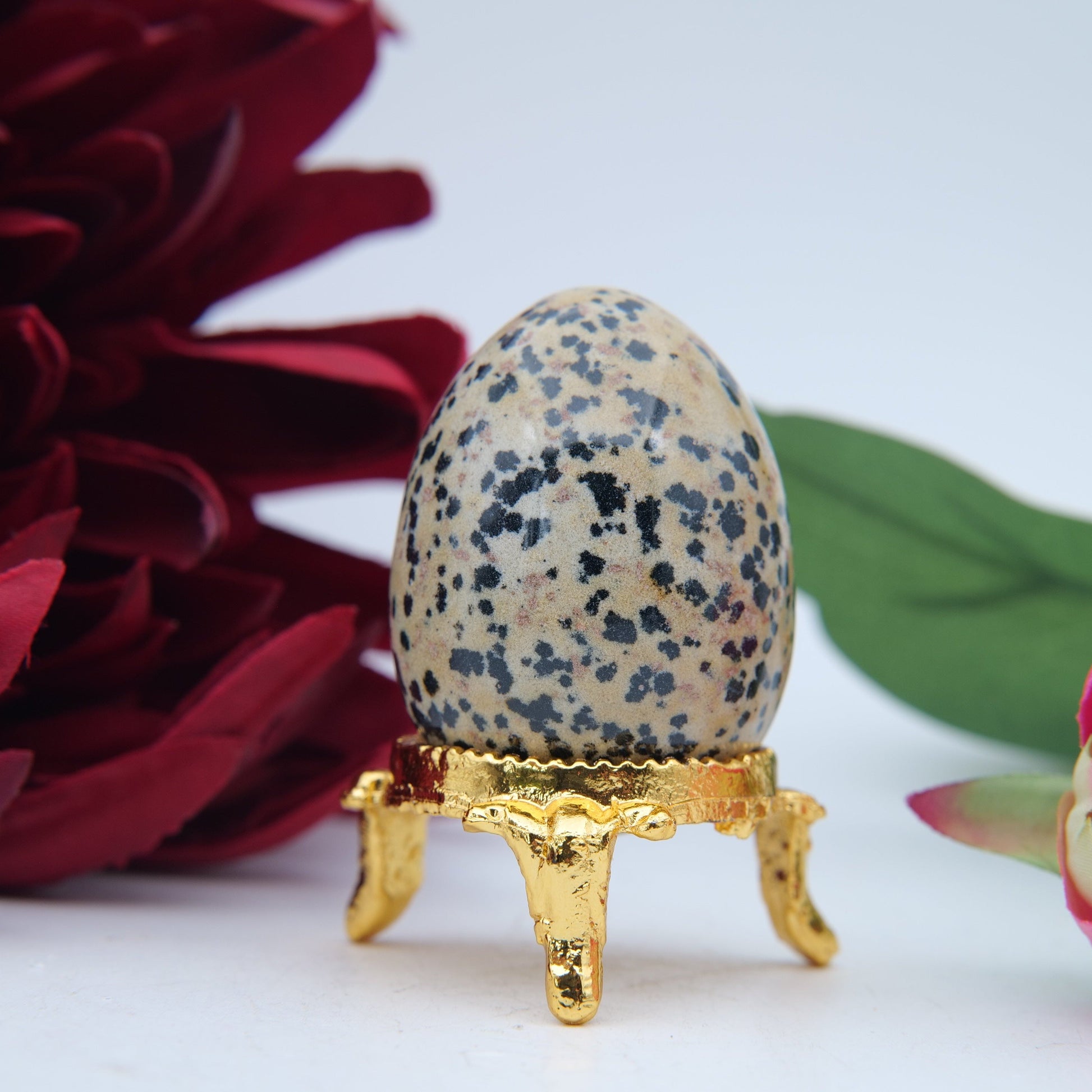 Polished Dalmatian Jasper Crystal Egg featuring cream base with black spots - Positive Faith Hope Love