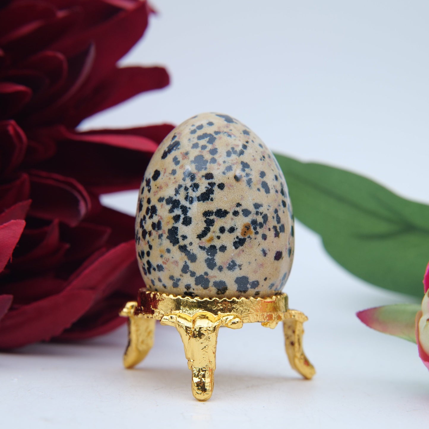 Polished Dalmatian Jasper Crystal Egg featuring cream base with black spots - Positive Faith Hope Love