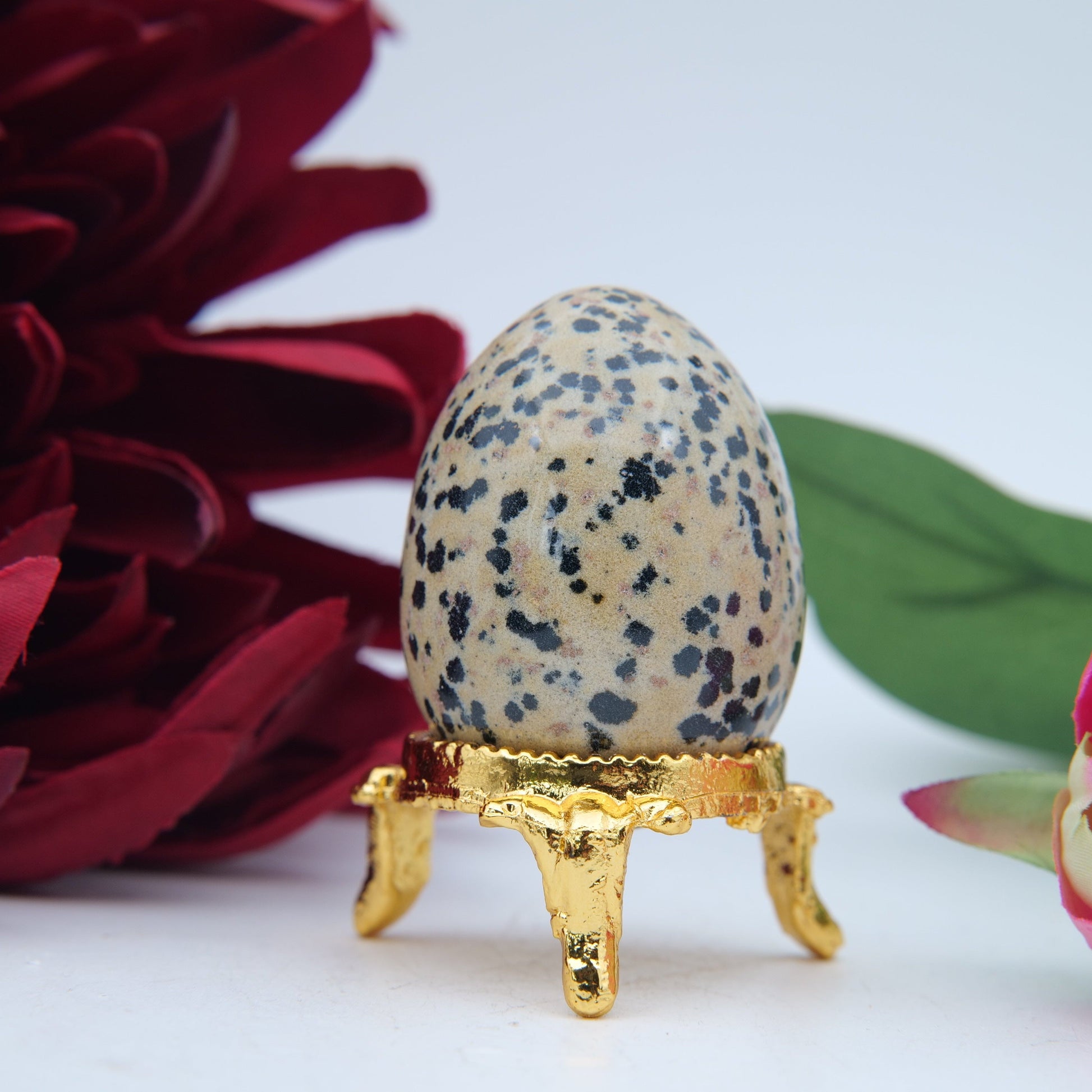 Polished Dalmatian Jasper Crystal Egg featuring cream base with black spots - Positive Faith Hope Love