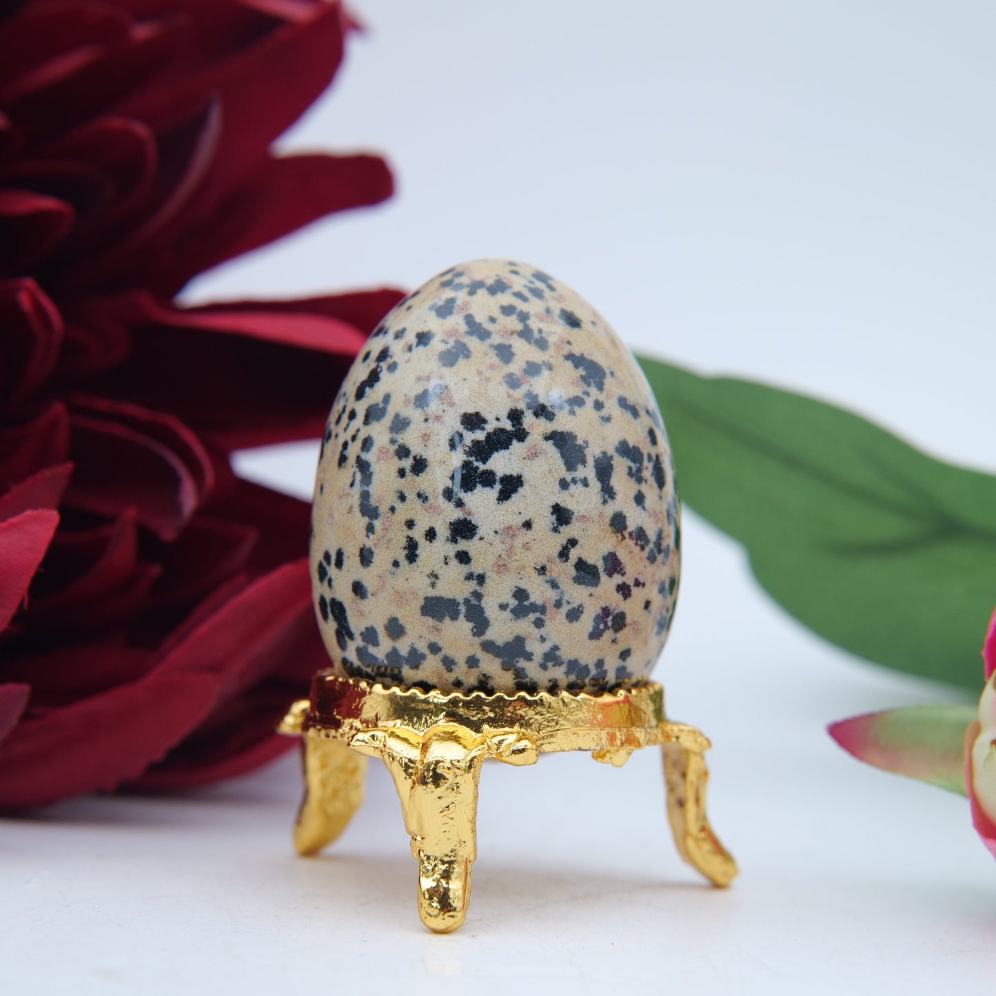 Polished Dalmatian Jasper Crystal Egg featuring cream base with black spots - Positive Faith Hope Love