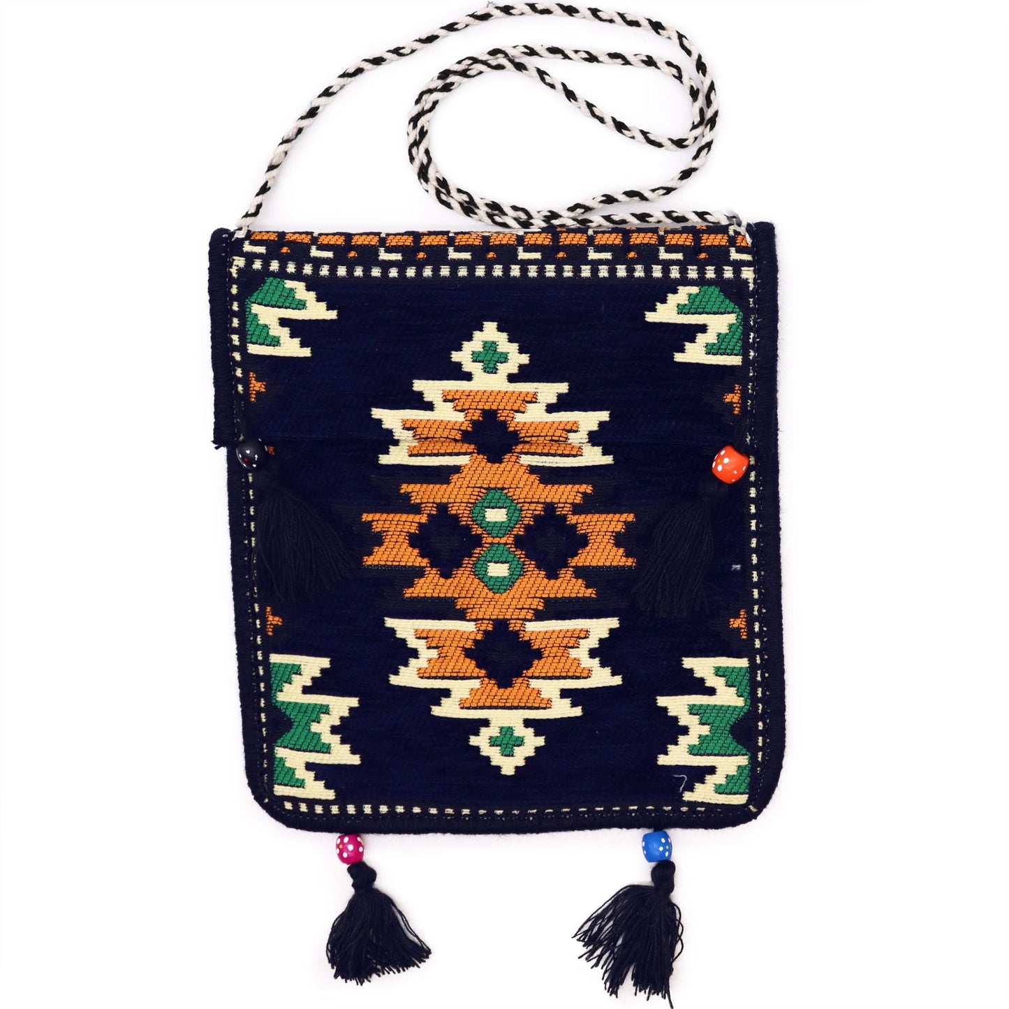 Polished Dark Navy Kilim Messenger Festival Bag featuring natural patterning and unique variations - Positive Faith Hope Love
