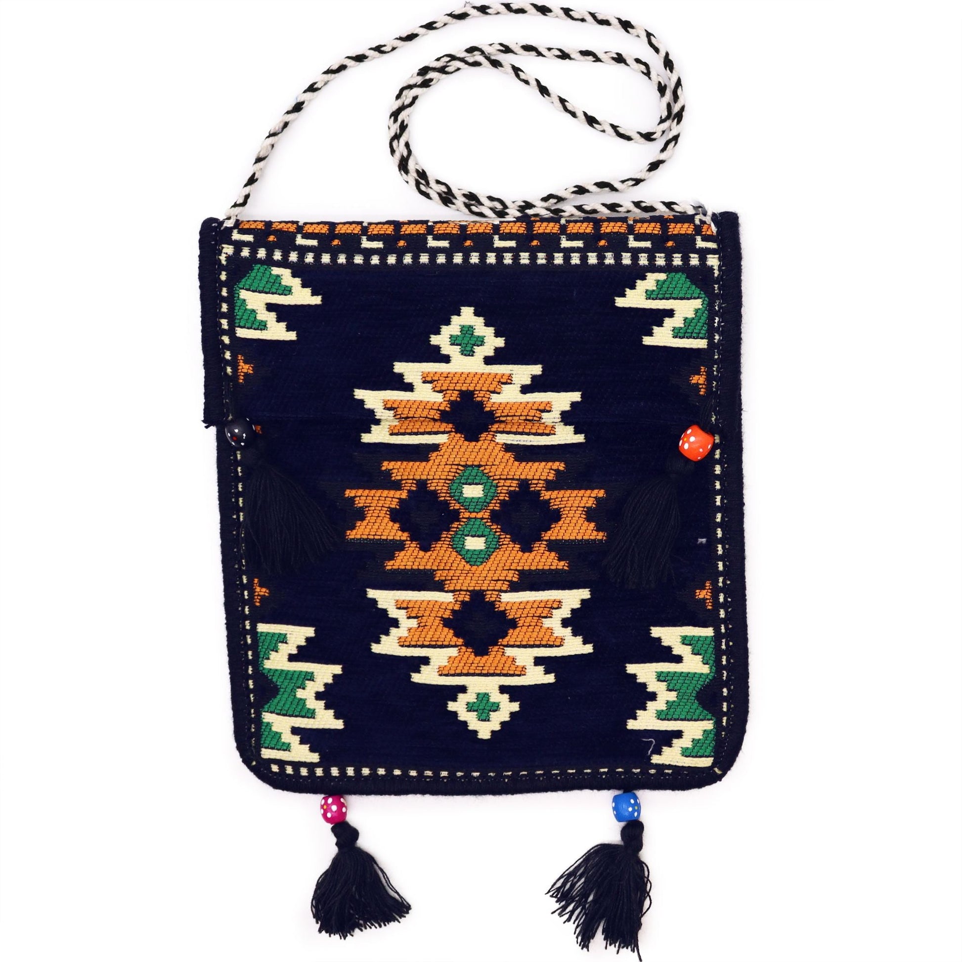 Polished Dark Navy Kilim Messenger Festival Bag featuring natural patterning and unique variations - Positive Faith Hope Love